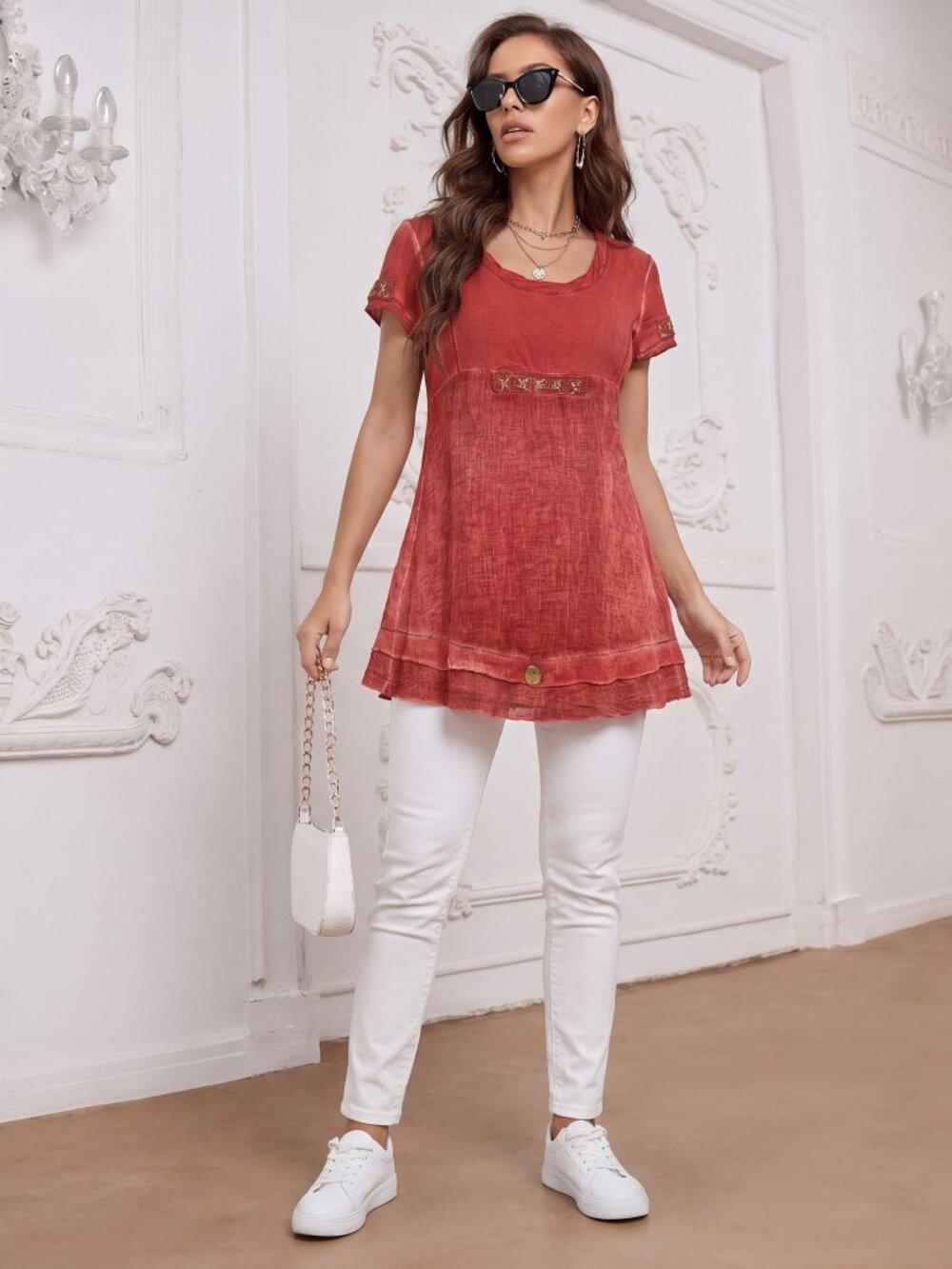 Elisa Cavaletti Linen Blend Tunic Top | Italian Boho Mesh Trim Beaded Roses